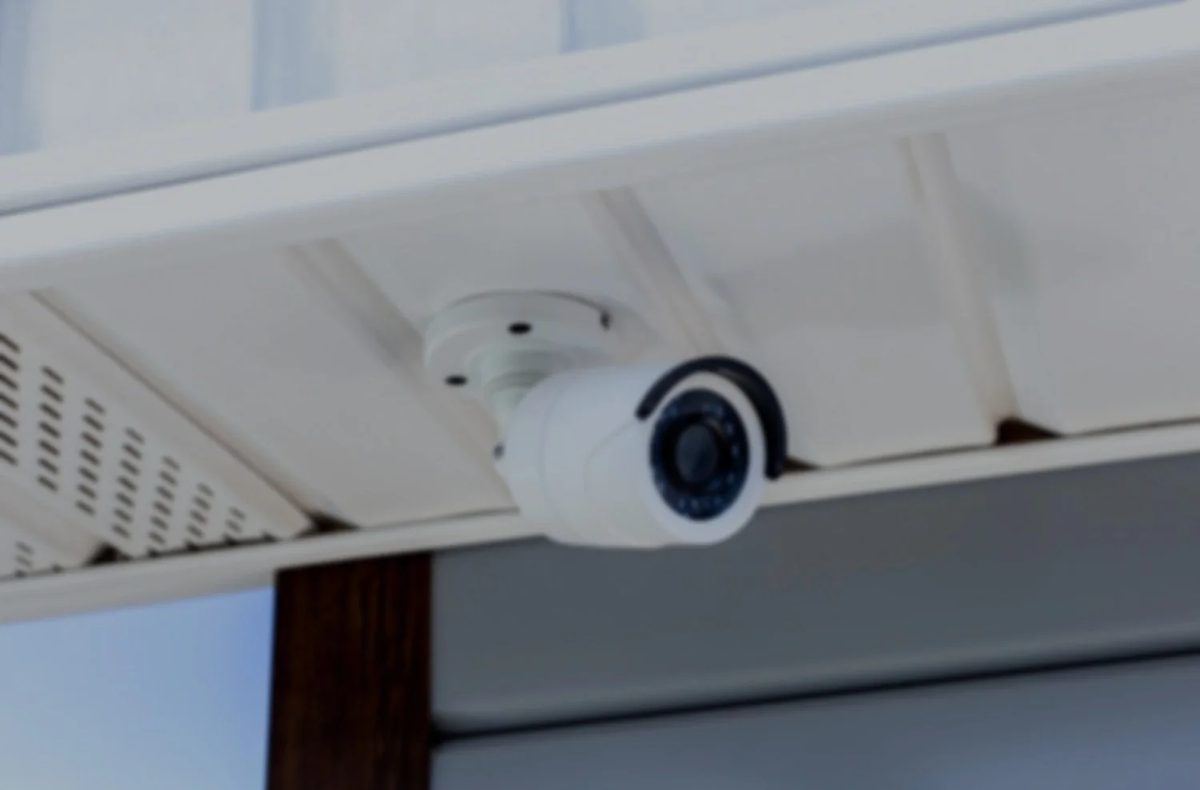 Security camera mounted on the outside of the building